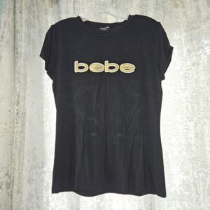 BEBE Black T-shirt with Gold Sequin Logo Size Large